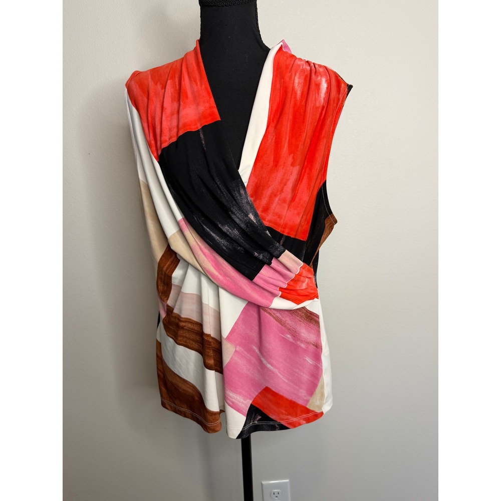 Donna Karan New York Abstract Geometric Draped Surplice Top Red Pink XL